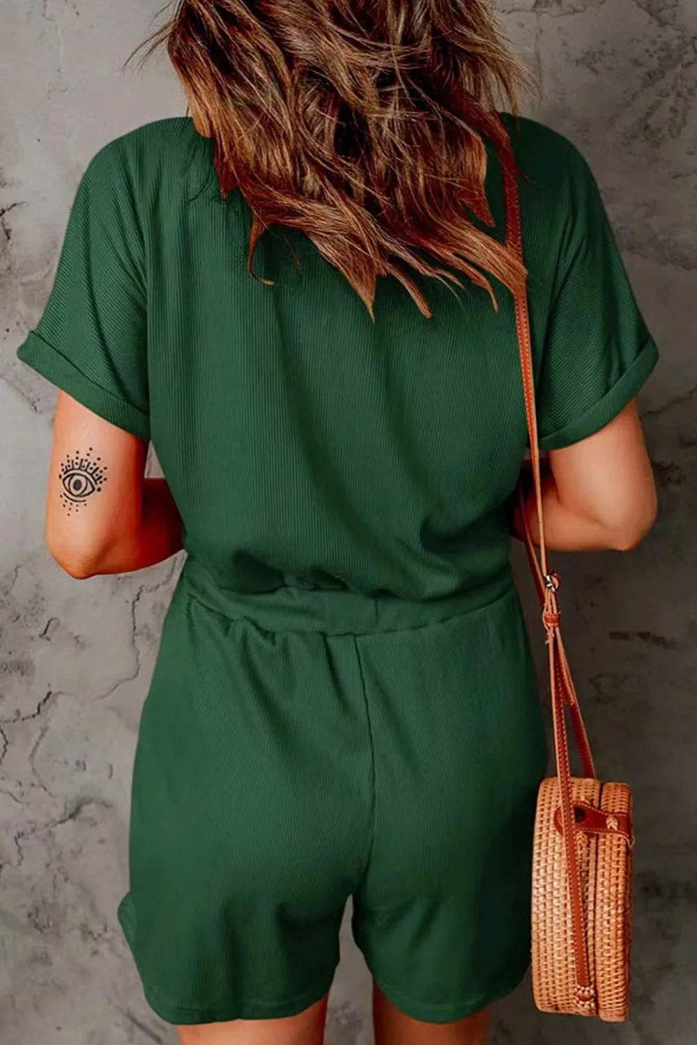 Full Size Drawstring V-Neck Short Sleeve Romper - Purcell's Clothing Company