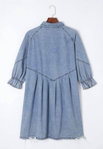 Distressed Collared Neck Flounce Sleeve Denim Dress - Purcell's Clothing Company