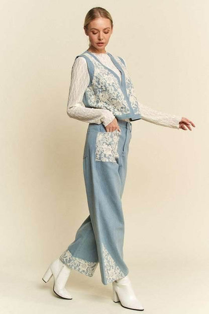 Davi & Dani Lace Patch Open Front Denim Vest - Purcell's Clothing Company