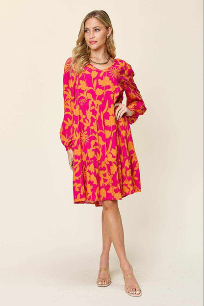 Double Take Full Size Printed Ruffle Hem Dress with Pocket - Purcell's Clothing Company