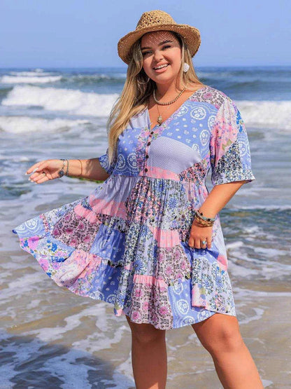 Plus Size Printed V-Neck Tiered Mini Dress - Purcell's Clothing Company