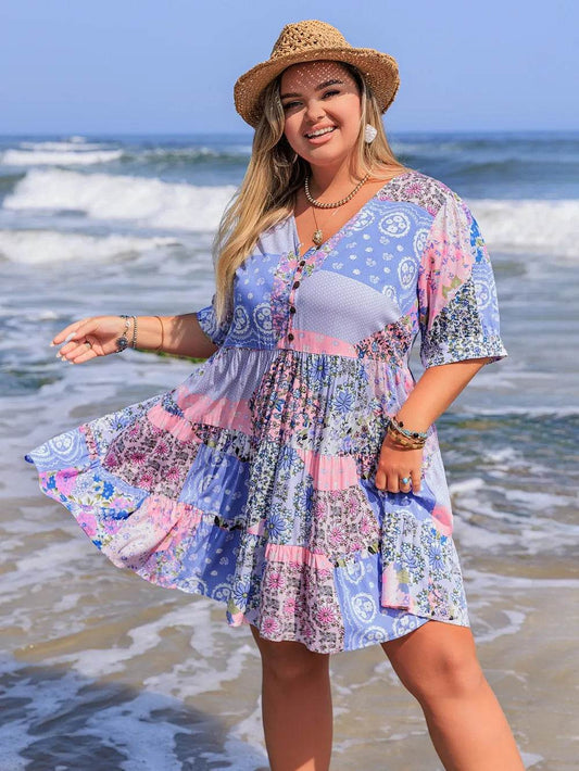 Plus Size Printed V-Neck Tiered Mini Dress - Purcell's Clothing Company