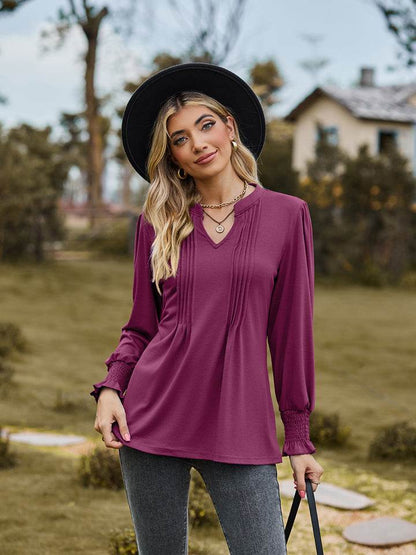 Notched Neck Flounce Sleeve Blouse - Purcell's Clothing Company