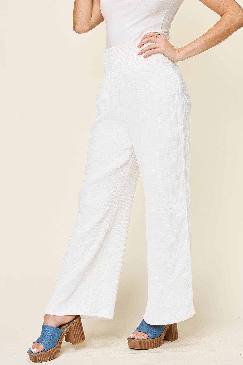 Double Take Full Size Texture Smocked Waist Wide Leg Pants - Purcell's Clothing Company