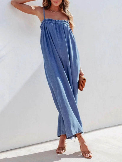 Spaghetti Strap Wide Leg Denim Jumpsuit - Purcell's Clothing Company