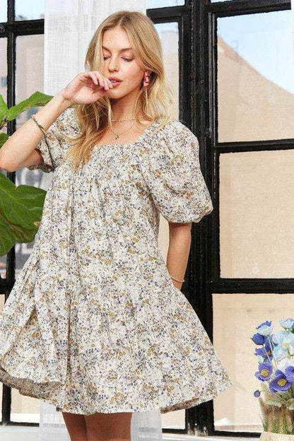 ADORA Floral Square Neck Puff Sleeve Dress - Purcell's Clothing Company