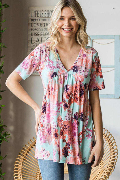 Heimish Full Size Floral V-Neck Short Sleeve Babydoll Blouse - Purcell's Clothing Company
