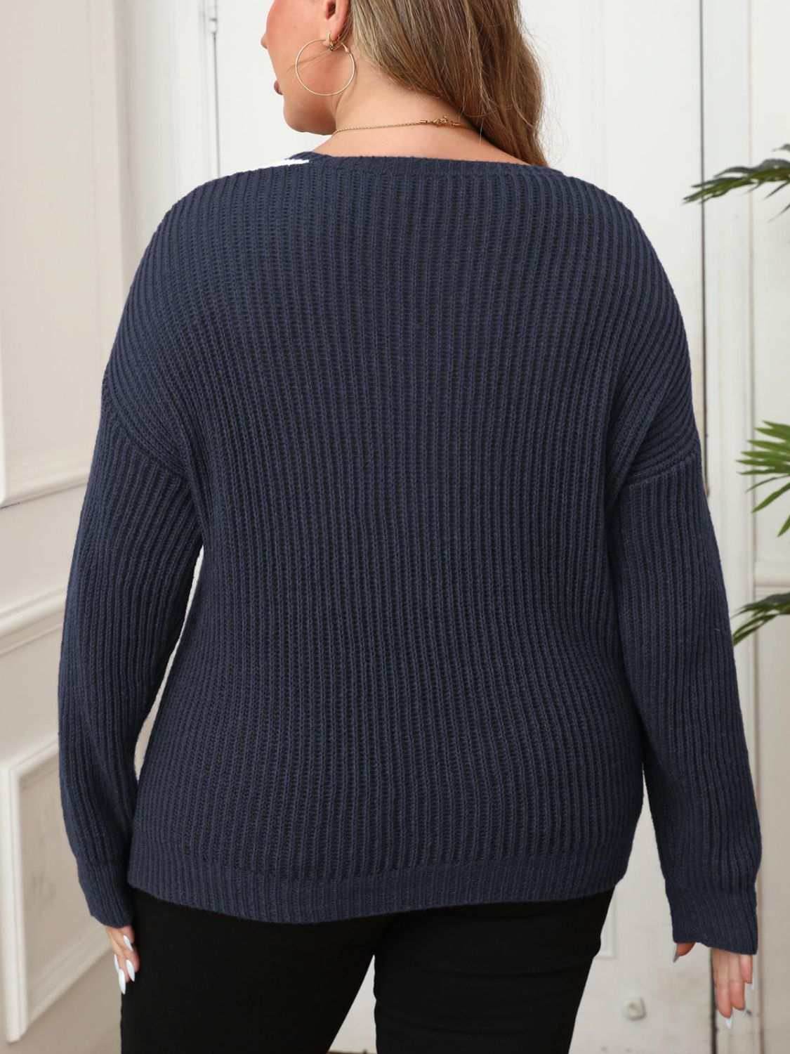 Plus Size Contrast Dropped Shoulder Long Sleeve Sweater - Purcell's Clothing Company