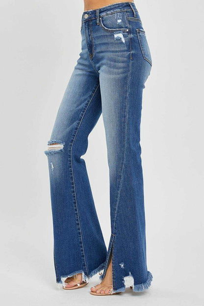 RISEN Full Size High Rise Front Slit Frayed Hem Flare Jeans - Purcell's Clothing Company