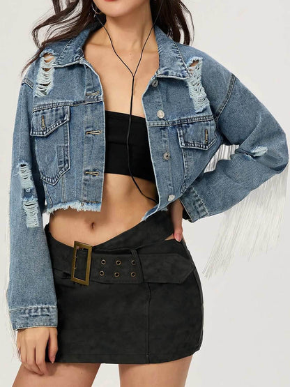 Distressed Fringe Collared Neck Cropped Denim Top - Purcell's Clothing Company
