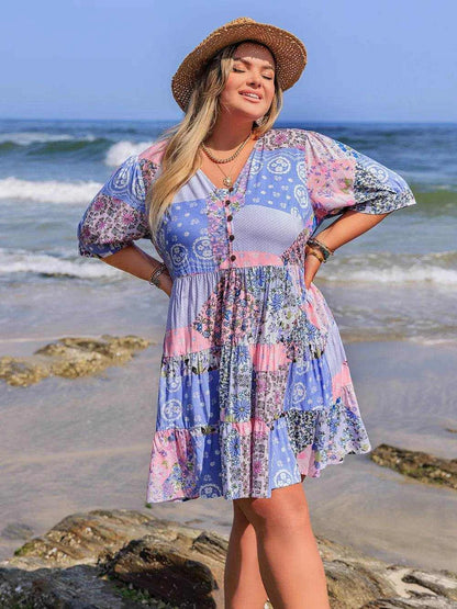 Plus Size Printed V-Neck Tiered Mini Dress - Purcell's Clothing Company