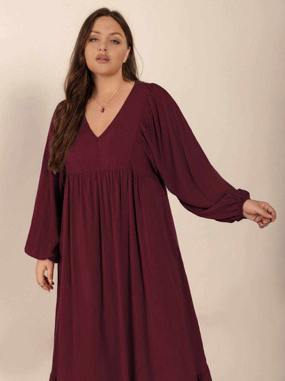 Plus Size Ruffled Hem V-Neck Balloon Sleeve Dress - Purcell's Clothing Company