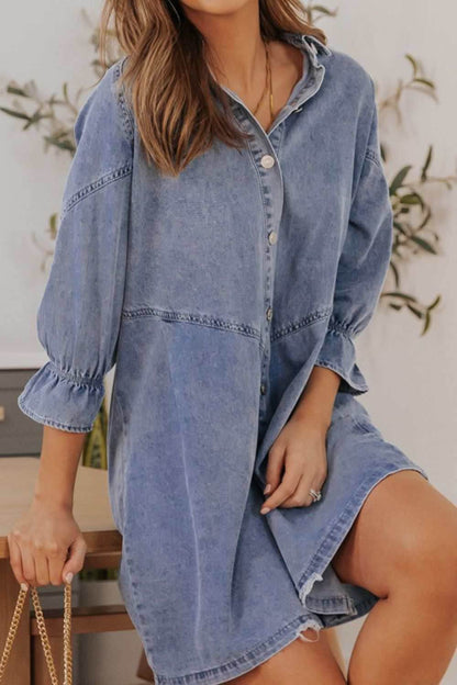 Distressed Collared Neck Flounce Sleeve Denim Dress - Purcell's Clothing Company