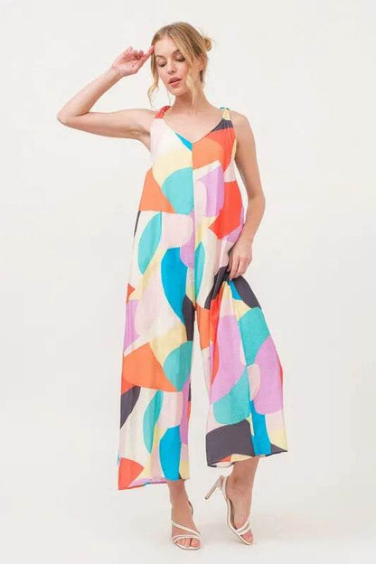 And The Why Tied Shoulder Straps Wide-Leg Geo Print Jumpsuit - Purcell's Clothing Company