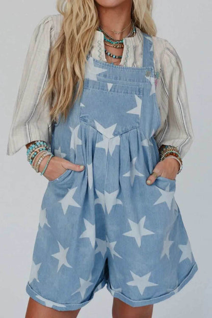 Star Print Square Neck Denim Overalls - Purcell's Clothing Company
