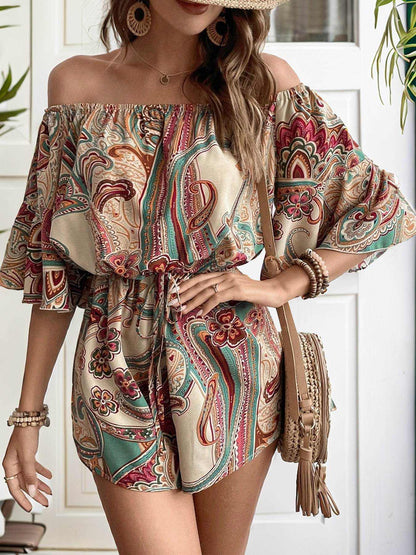 Perfee Printed Off Shoulder Half Sleeve Romper - Purcell's Clothing Company