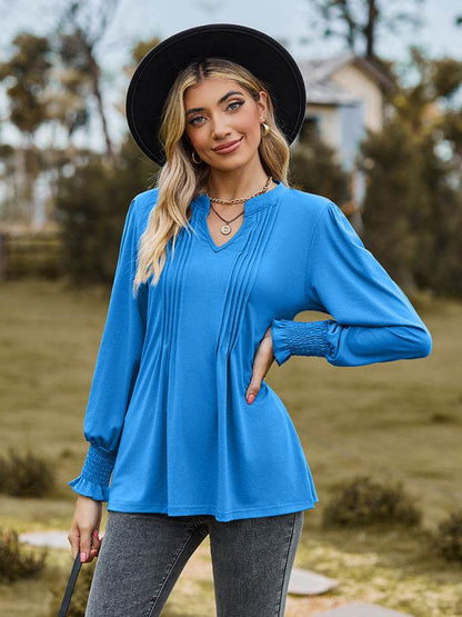 Notched Neck Flounce Sleeve Blouse - Purcell's Clothing Company