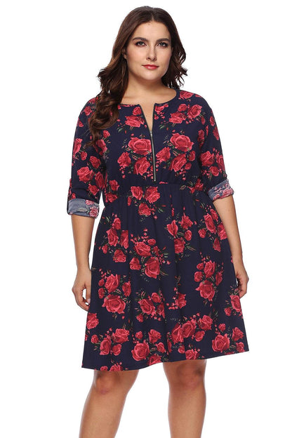 Plus Size Floral Print Half Zip Up Dress - Purcell's Clothing Company