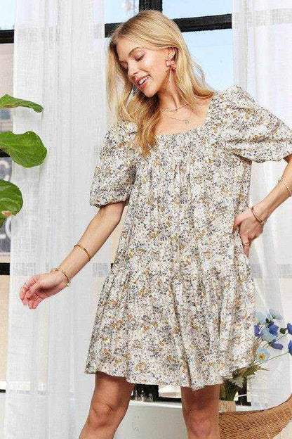 ADORA Floral Square Neck Puff Sleeve Dress - Purcell's Clothing Company