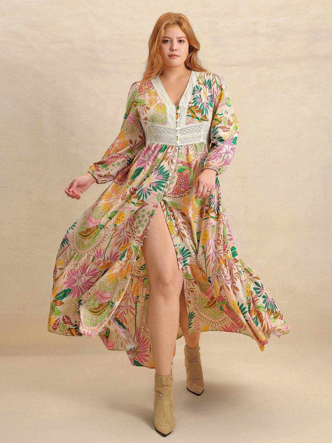 Plus Size Lace Detail Printed V-Neck Balloon Sleeve Dress - Purcell's Clothing Company