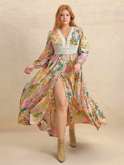 Plus Size Lace Detail Printed V-Neck Balloon Sleeve Dress - Purcell's Clothing Company