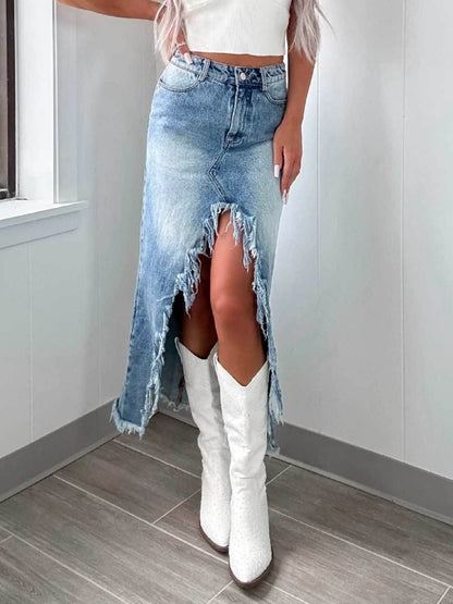 High-Waist Raw Hem Asymmetry Denim Skirt - Purcell's Clothing Company