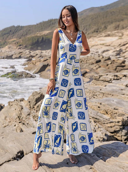 Printed V-Neck Wide Leg Jumpsuit - Purcell's Clothing Company