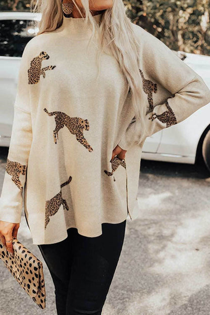 Animal Pattern Mock Neck Long Sleeve Slit Sweater - Purcell's Clothing Company
