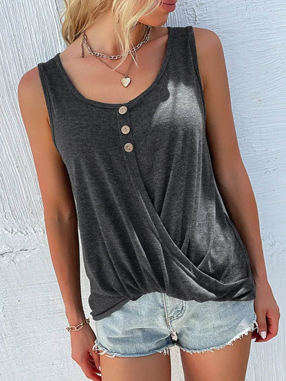 Full Size Decorative Button Round Neck Tank Plus Size - Purcell's Clothing Company