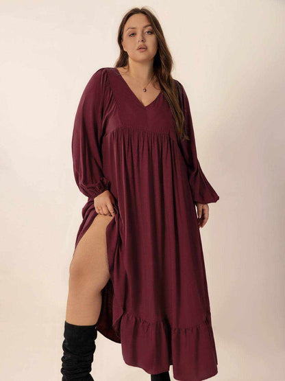 Plus Size Ruffled Hem V-Neck Balloon Sleeve Dress - Purcell's Clothing Company