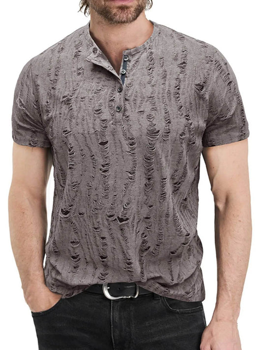 Distressed Henley Short Sleeve Top - Purcell's Clothing Company