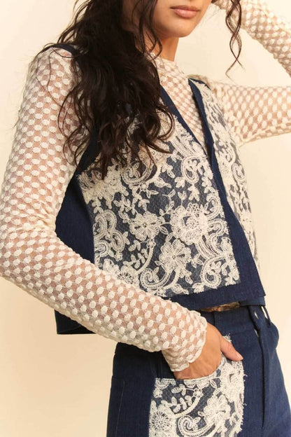 Davi & Dani Lace Patch open front denim vest with floral lace accents and sleeveless design