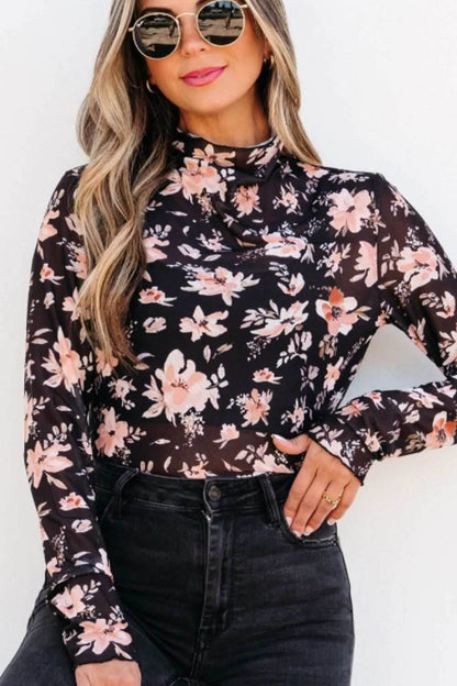 Floral Mock Neck Long Sleeve Blouse - Purcell's Clothing Company