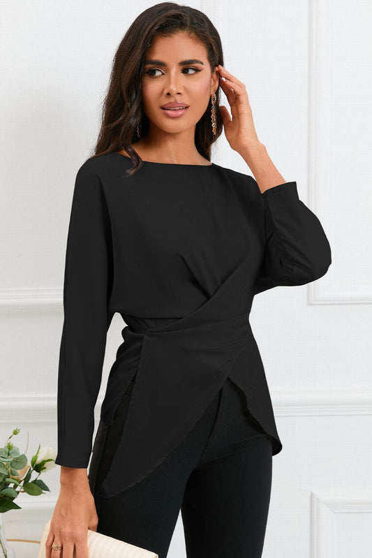 Boat Neck Back Tie Long Sleeve Satin Blouse - Purcell's Clothing Company