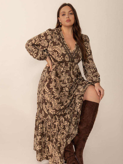 Plus Size Printed V-Neck Balloon Sleeve Maxi Dress - Purcell's Clothing Company