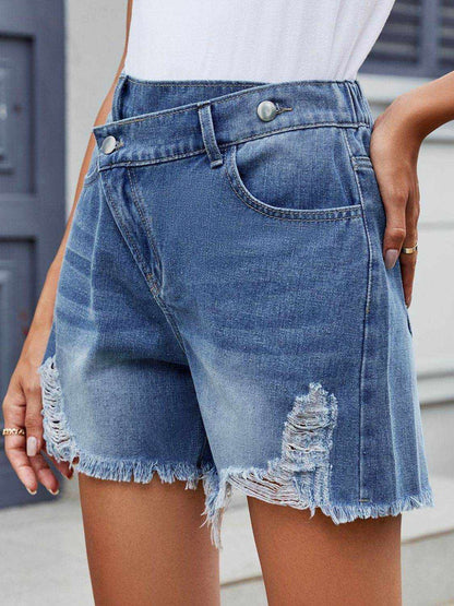 Distressed Raw Hem Asymmetrical Waist Denim Shorts - Purcell's Clothing Company