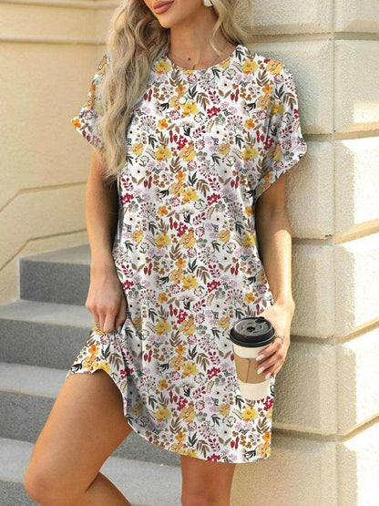 Printed Round Neck Short Sleeve Mini Dress - Purcell's Clothing Company