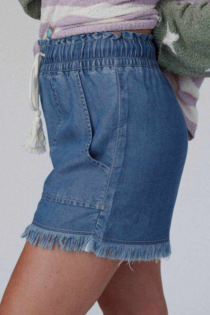 Raw Hem Drawstring High Waist Denim Shorts with Pockets - Purcell's Clothing Company
