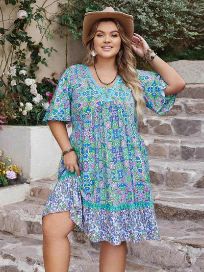 Plus Size Ruffled Hem Lace Detail Printed Half Sleeve Dress - Purcell's Clothing Company
