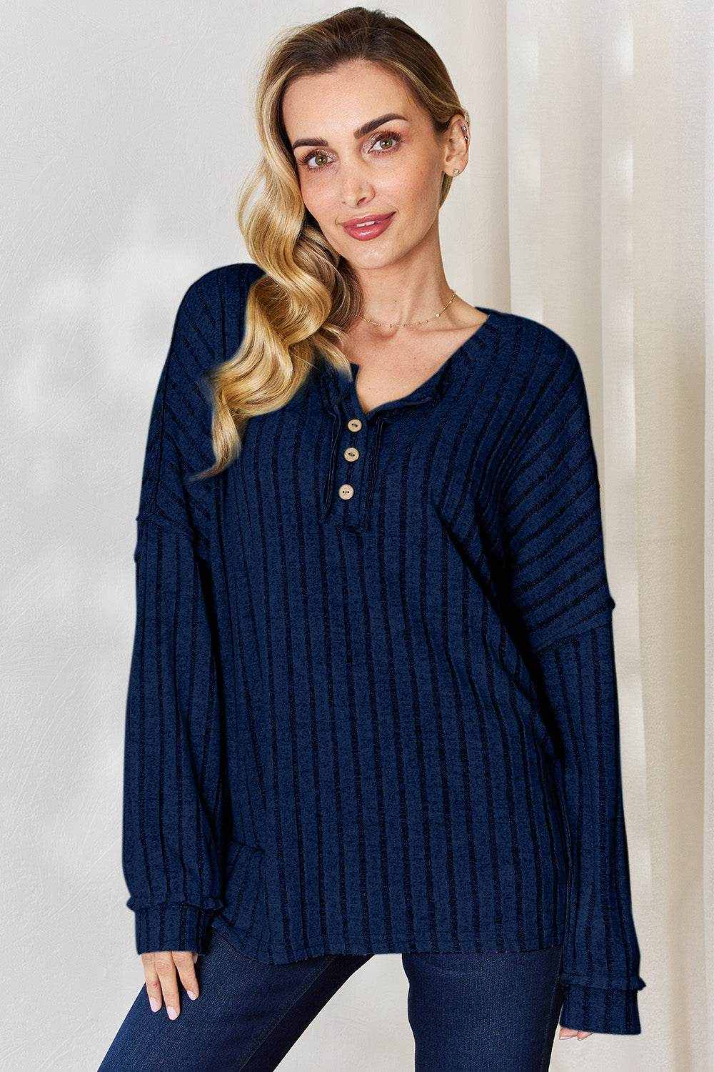 Basic Bae Full Size Ribbed Half Button Long Sleeve T-Shirt - Purcell's Clothing Company