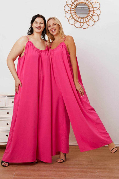 Double Take Full Size Ruffle Trim Tie Back Cami Jumpsuit with Pockets - Purcell's Clothing Company