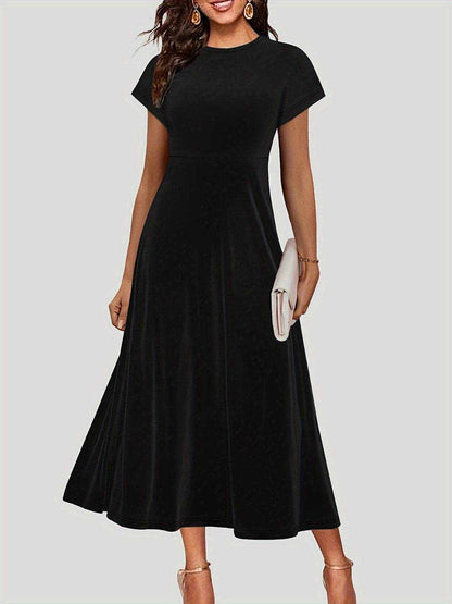 Black round neck short sleeve midi dress with slight stretch and basic style