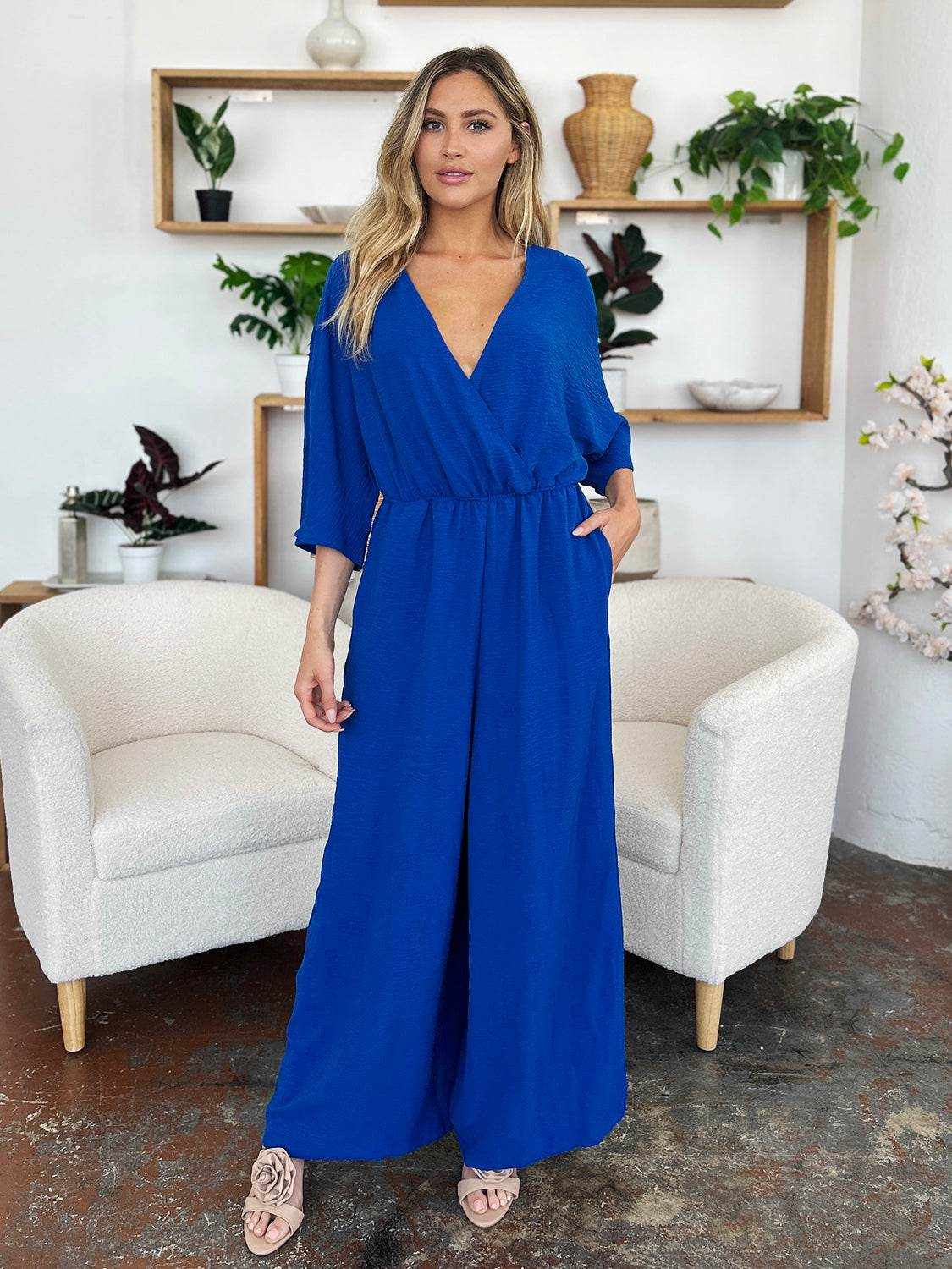 Double Take Full Size Surplice Wide Leg Jumpsuit with Pockets - Purcell's Clothing Company