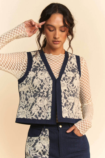 Davi & Dani Lace Patch Open Front Denim Vest - Purcell's Clothing Company
