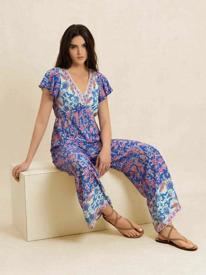 Printed V-Neck Wide Leg Jumpsuit - Purcell's Clothing Company