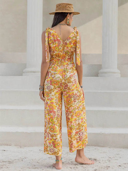 Printed V-Neck Tie Shoulder Jumpsuit - Purcell's Clothing Company