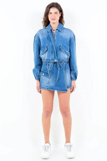 American Bazi Full Size Drop Shoulder Cropped Denim Jacket with Waist Strap Plus Size - Purcell's Clothing Company