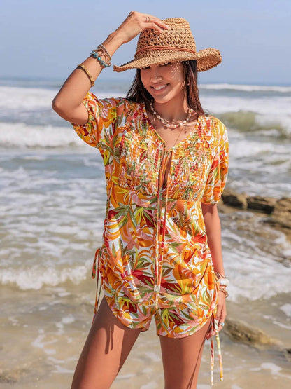 Smocked Printed Tie Neck Romper - Purcell's Clothing Company