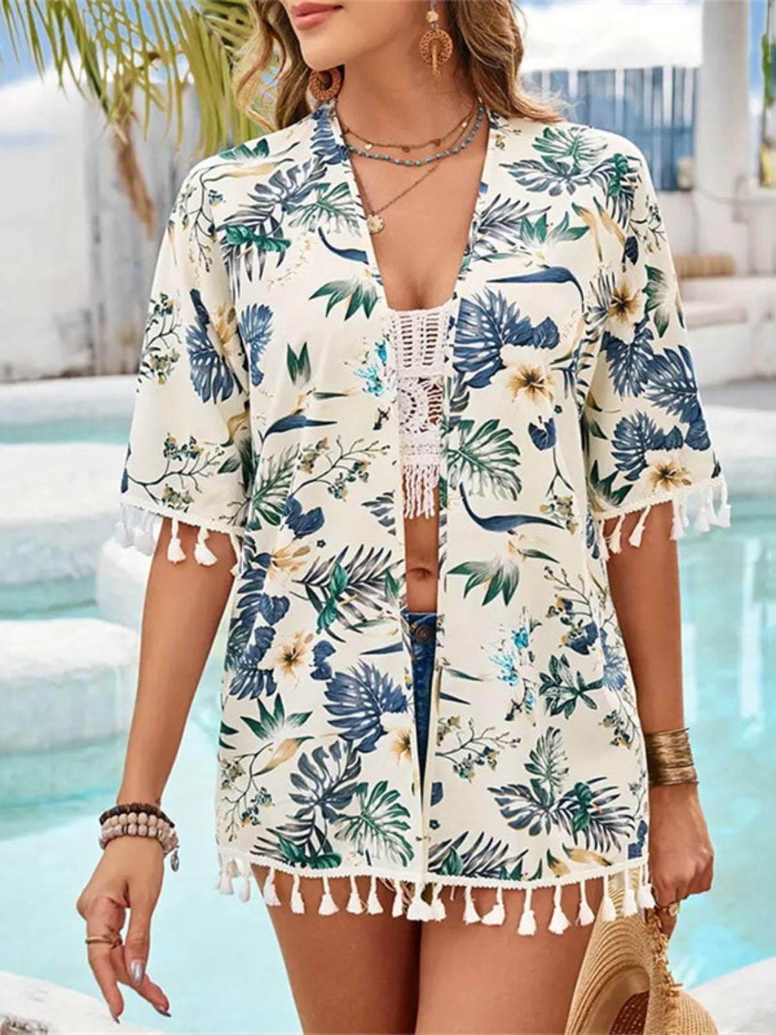 Tassel Printed Open Front Half Sleeve Cover-Up - Purcell's Clothing Company