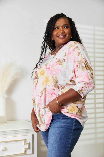 Double Take Floral Round Neck Three-Quarter Sleeve Top - Purcell's Clothing Company